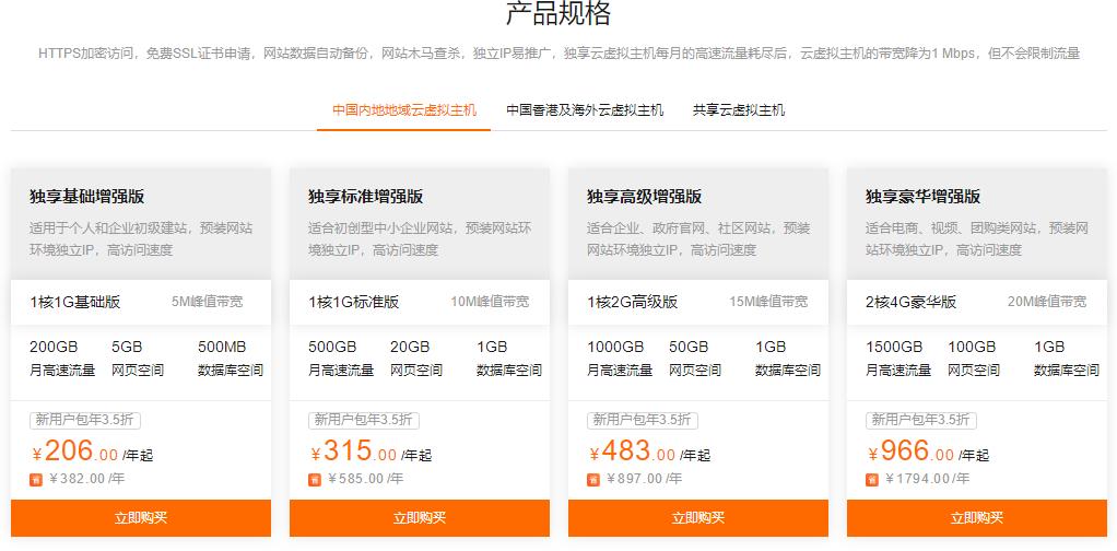 阿里云云虚拟主机价格及配置信息