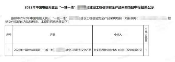 2023开门红！奇安信独家中标天翼云“一城一池”某市信创云安全项目