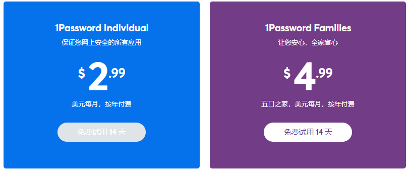 1Password个人收费标准