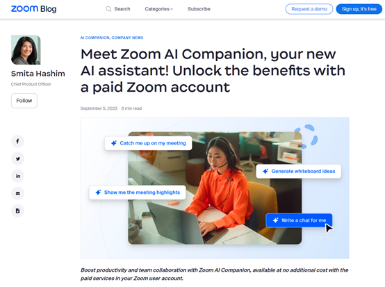 Zoom正式发布类ChatGPT产品——AI Companion