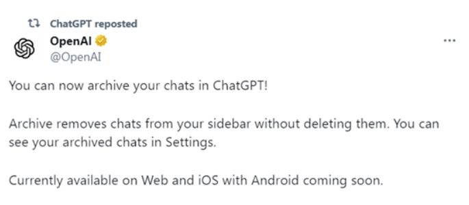 ChatGPT新增聊天存档功能，可构建自己的聊天数据库啦！