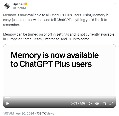 OpenAI宣布记忆功能向ChatGPT Plus用户全面开放