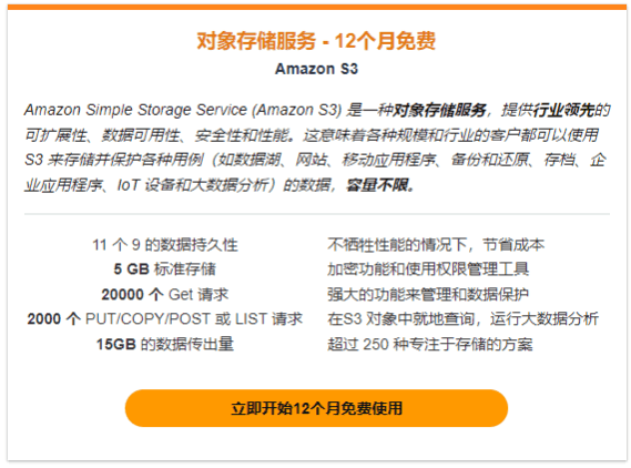 亚马逊云科技免费云存储